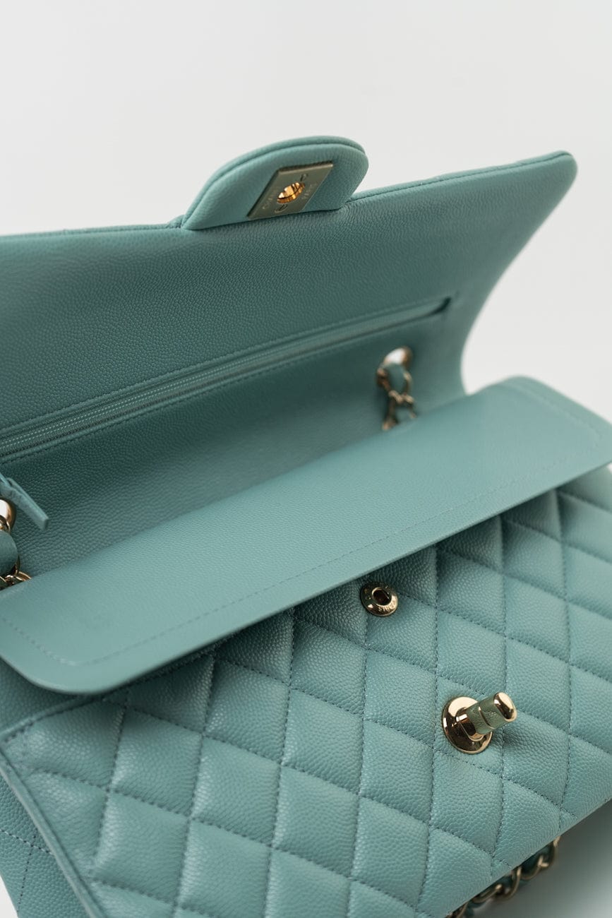 20C Tiffany Blue Caviar Quilted Classic Flap Medium Light Gold Hardware