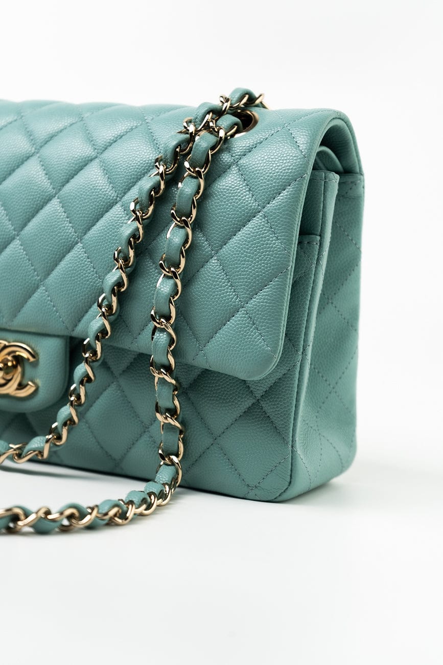 20C Tiffany Blue Caviar Quilted Classic Flap Medium Light Gold Hardware