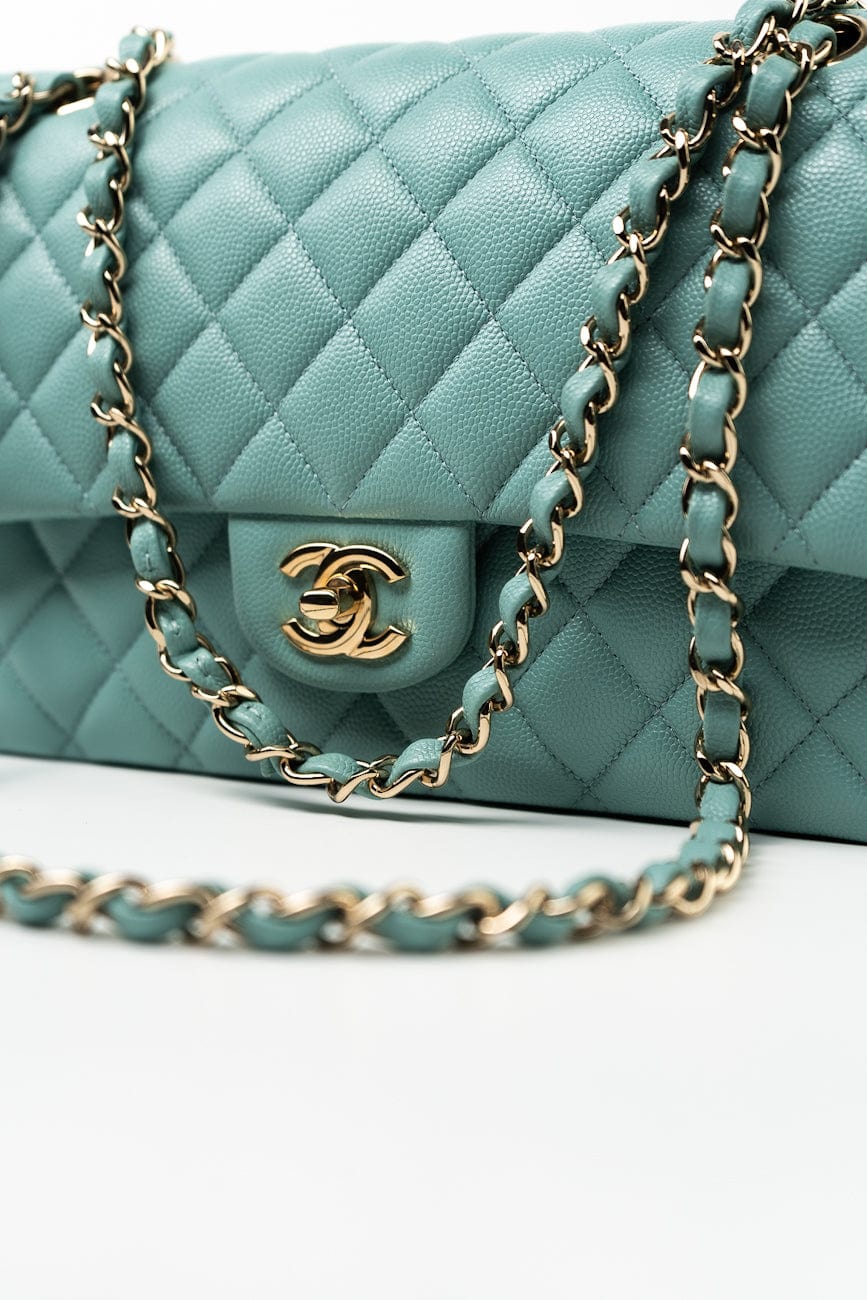 20C Tiffany Blue Caviar Quilted Classic Flap Medium Light Gold Hardware