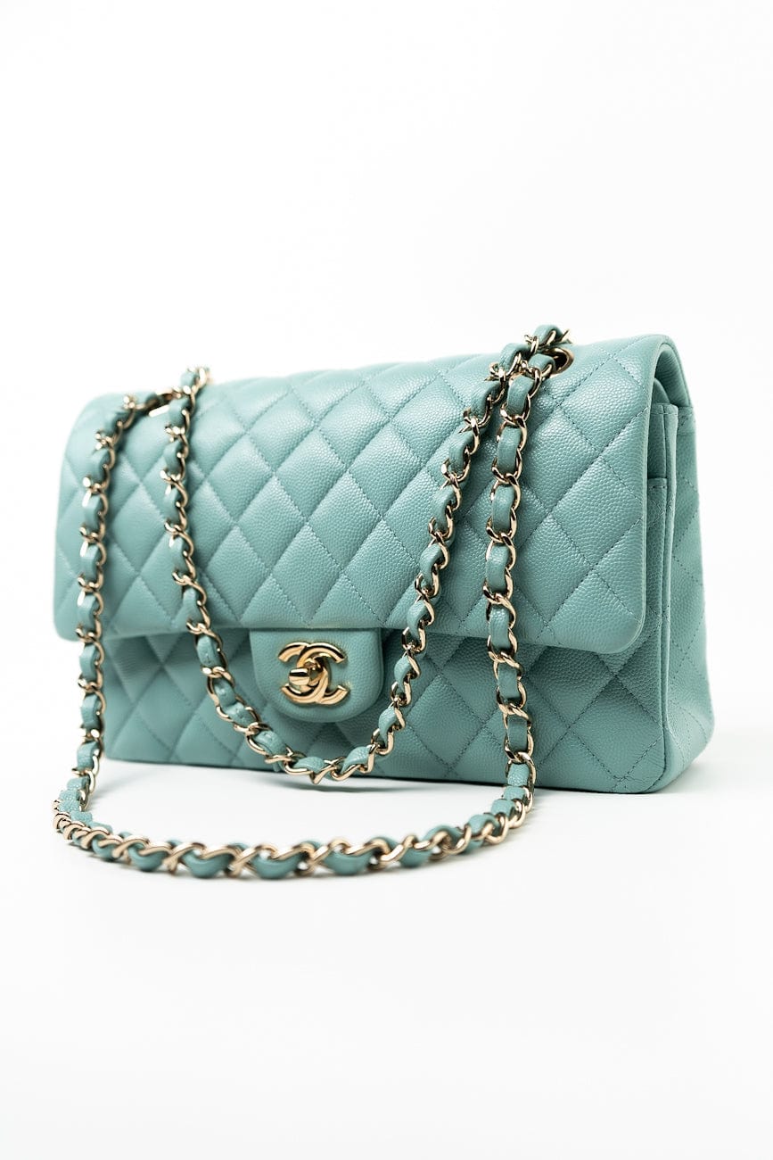 20C Tiffany Blue Caviar Quilted Classic Flap Medium Light Gold Hardware