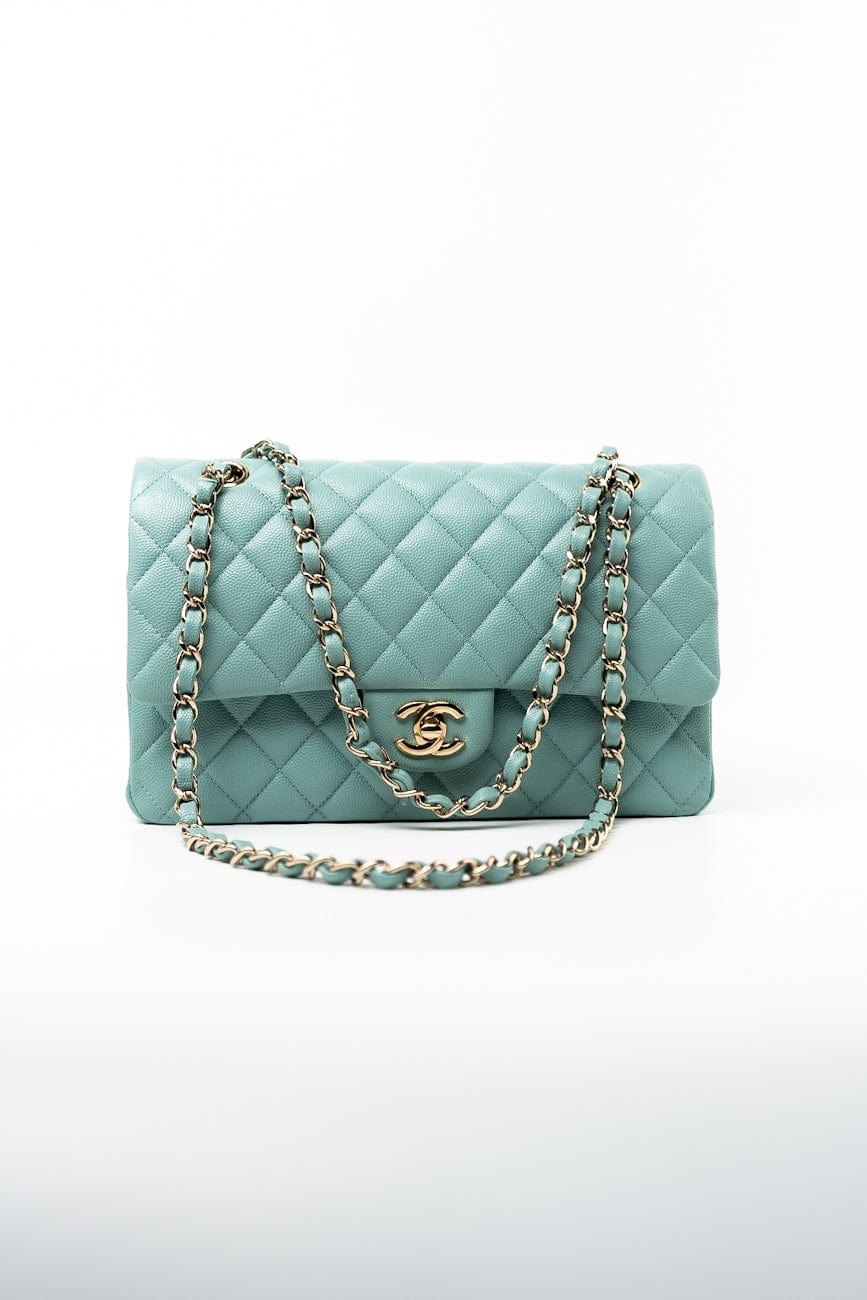 20C Tiffany Blue Caviar Quilted Classic Flap Medium Light Gold Hardware