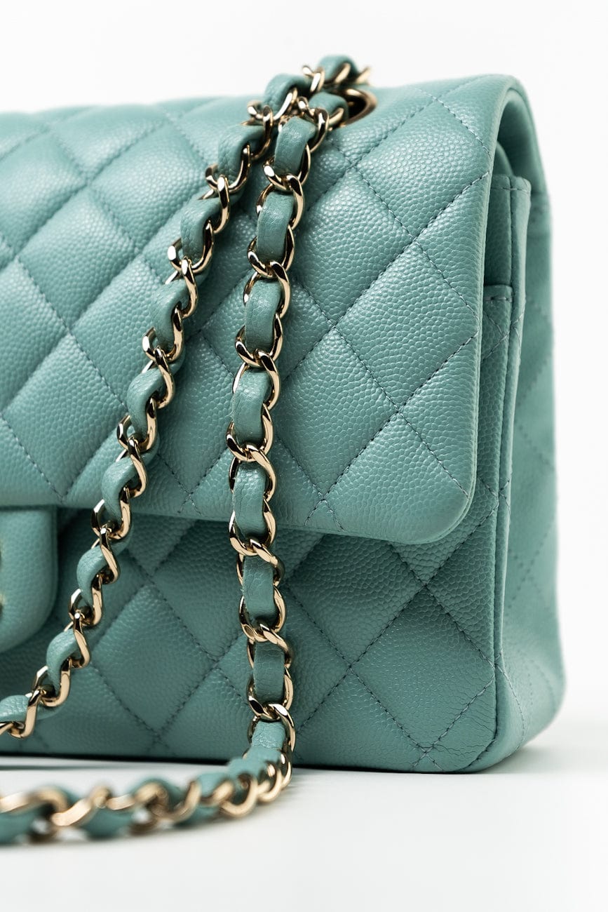 20C Tiffany Blue Caviar Quilted Classic Flap Medium Light Gold Hardware