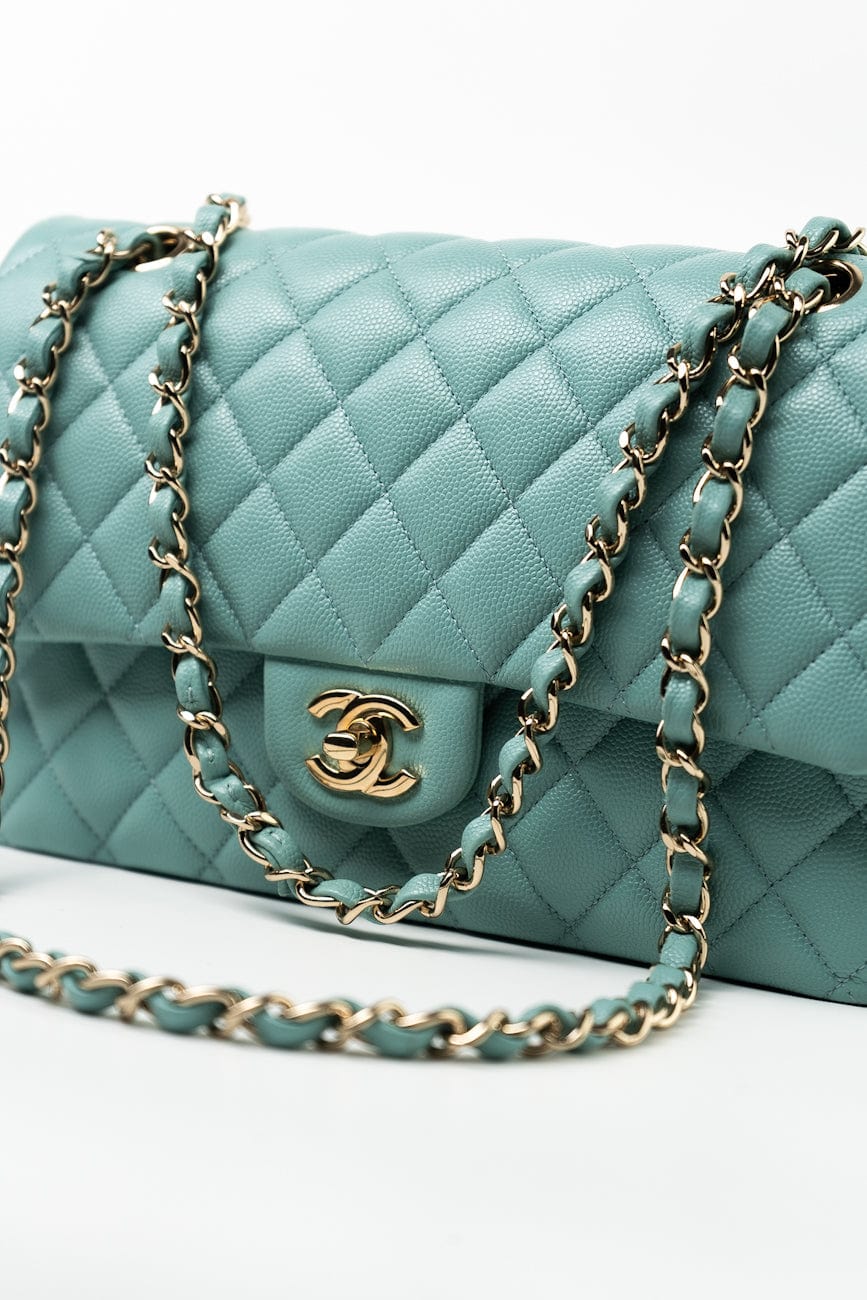 20C Tiffany Blue Caviar Quilted Classic Flap Medium Light Gold Hardware