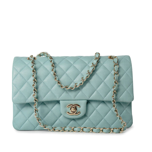 20C Tiffany Blue Caviar Quilted Classic Flap Medium Light Gold Hardware