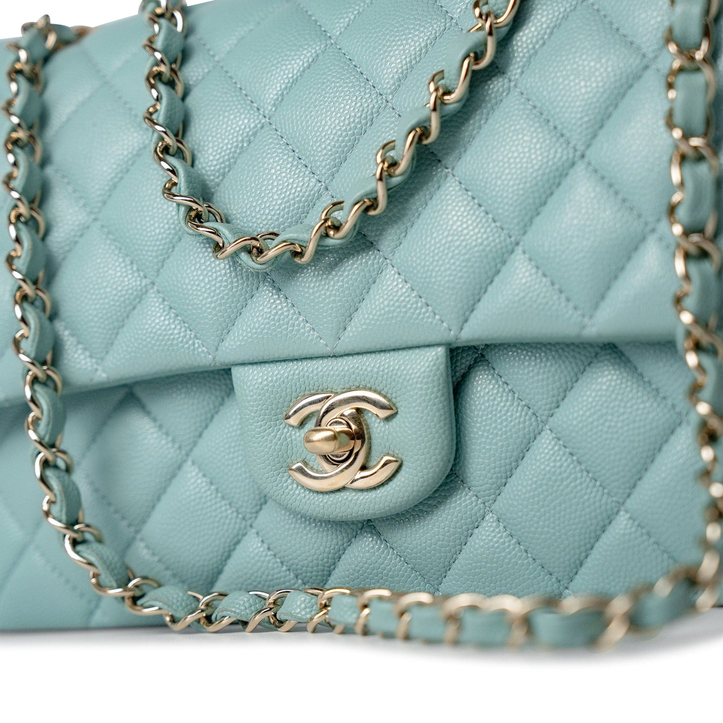20C Tiffany Blue Caviar Quilted Classic Flap Medium Light Gold Hardware