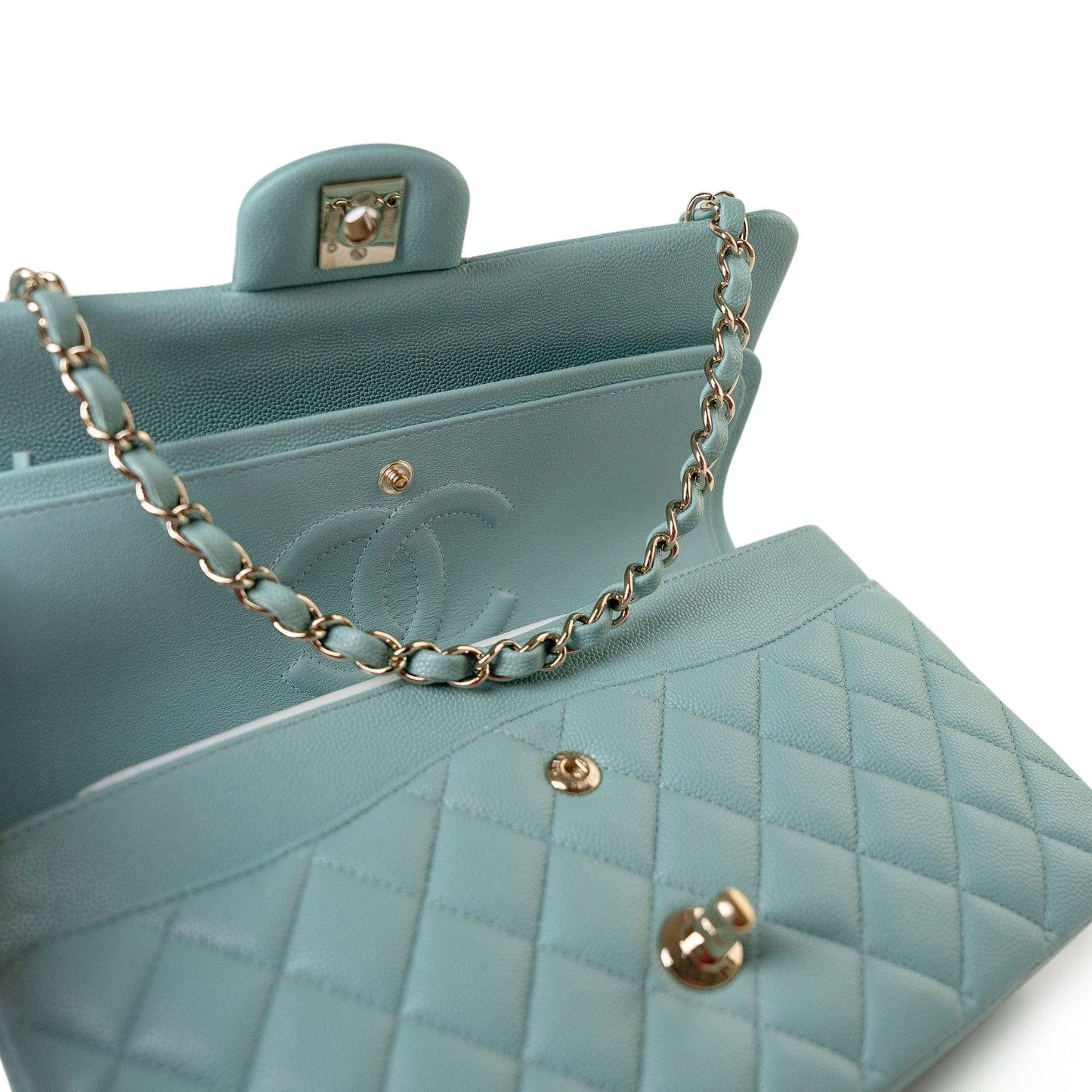 20C Tiffany Blue Caviar Quilted Classic Flap Medium Light Gold Hardware