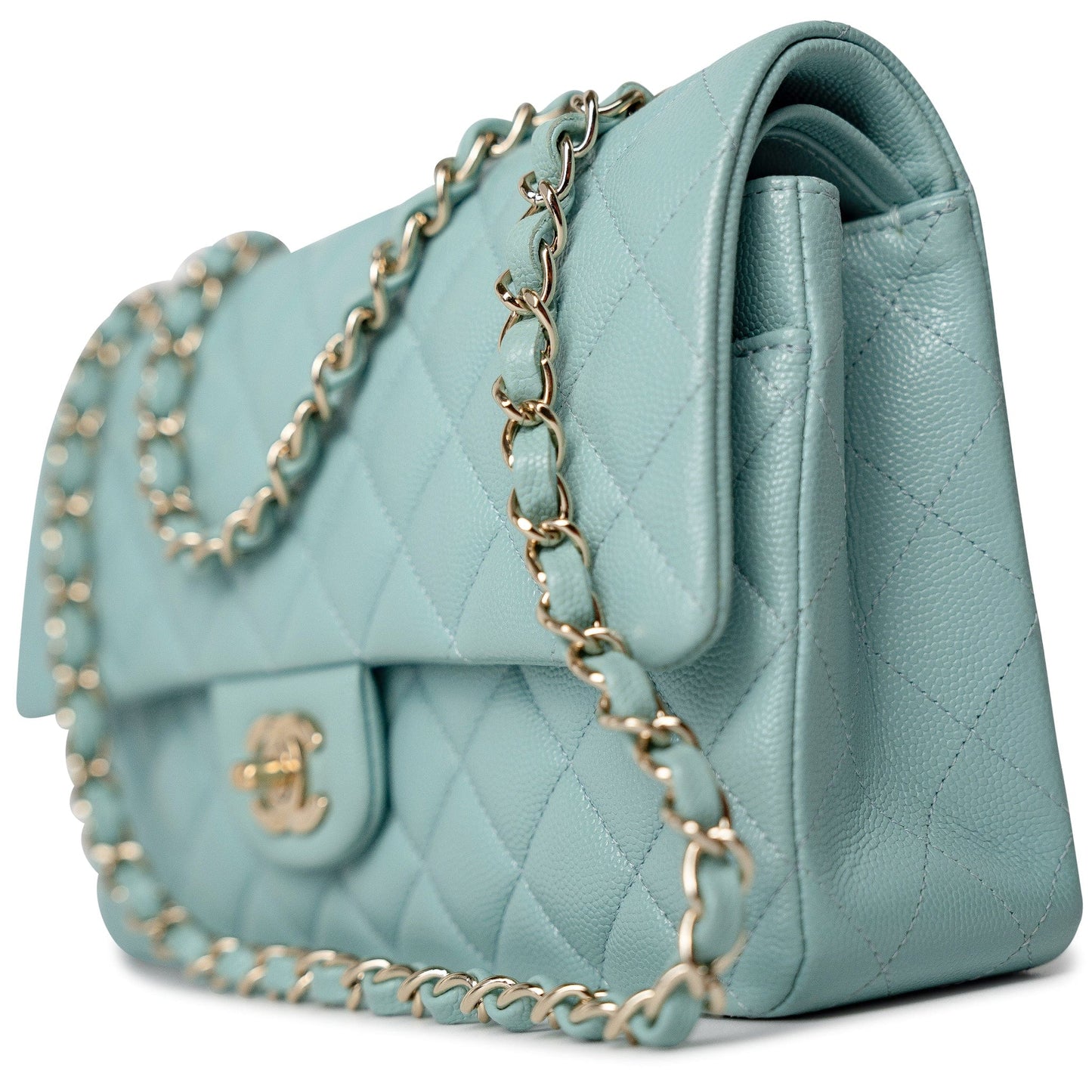 20C Tiffany Blue Caviar Quilted Classic Flap Medium Light Gold Hardware