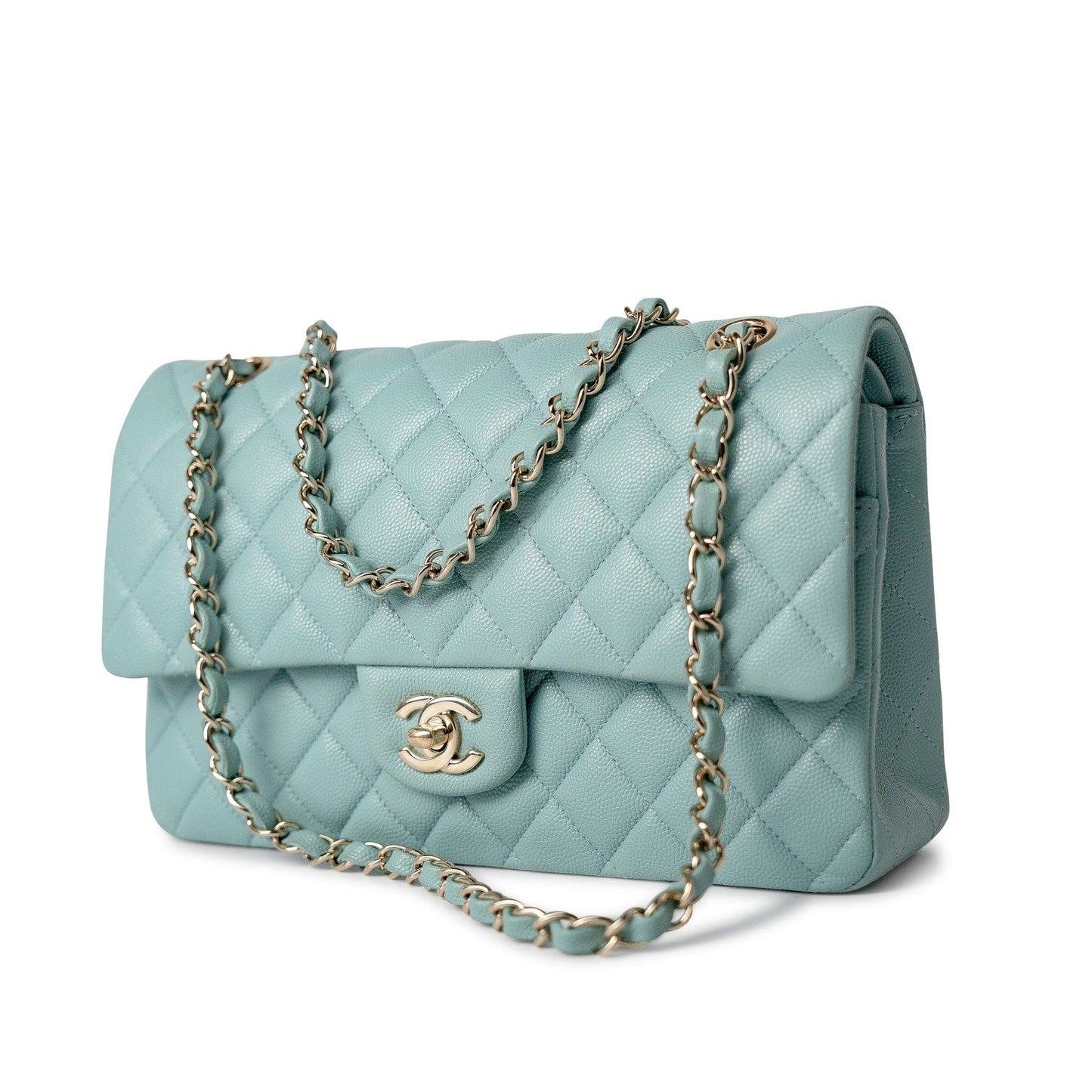 20C Tiffany Blue Caviar Quilted Classic Flap Medium Light Gold Hardware