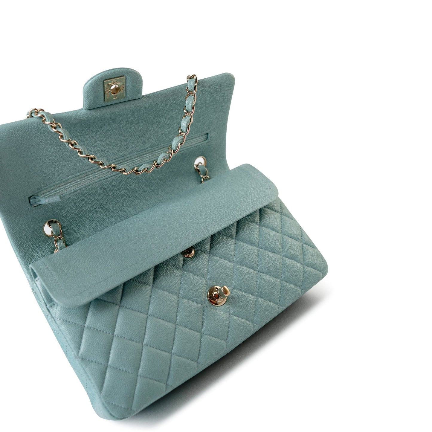 20C Tiffany Blue Caviar Quilted Classic Flap Medium Light Gold Hardware