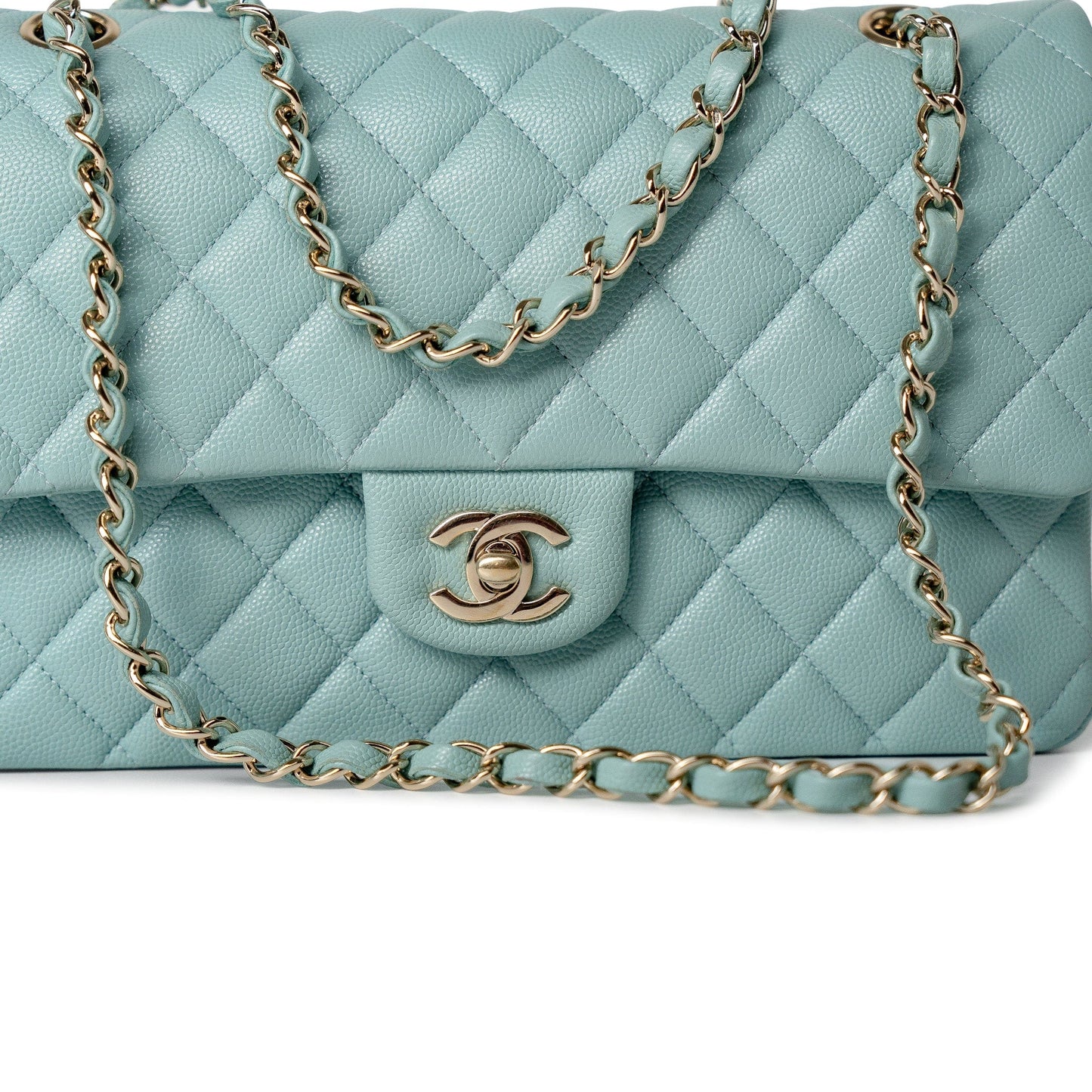 20C Tiffany Blue Caviar Quilted Classic Flap Medium Light Gold Hardware