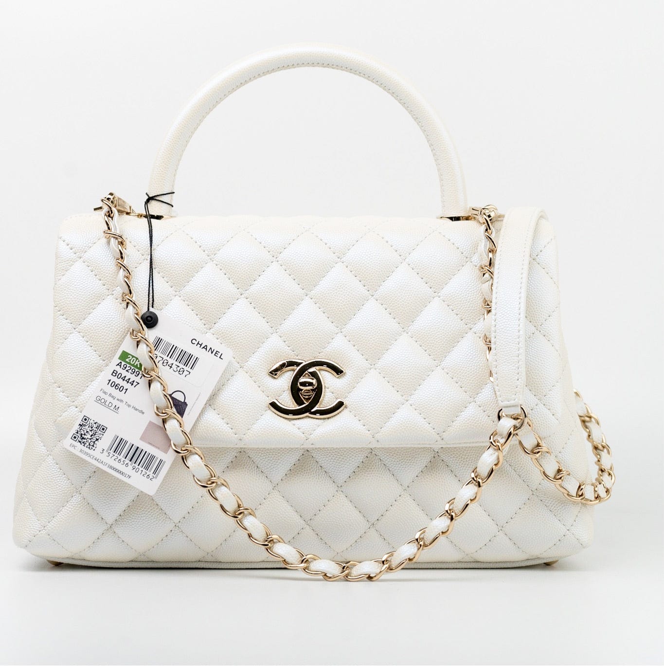 20K Iridescent White Caviar Quilted Coco Handle Medium Light Gold Hardware
