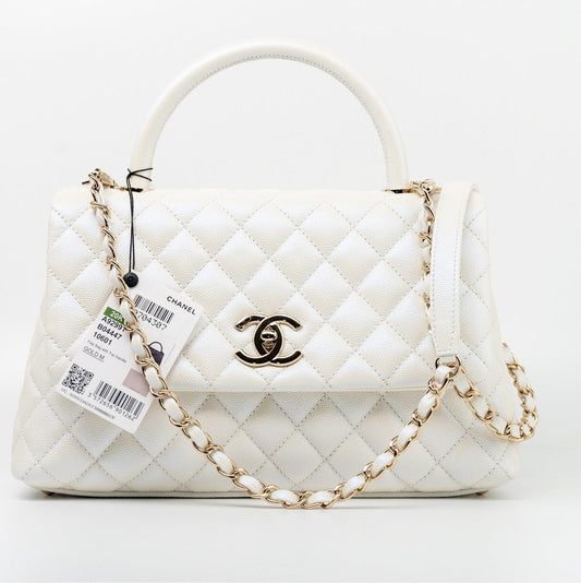 20K Iridescent White Caviar Quilted Coco Handle Medium Light Gold Hardware