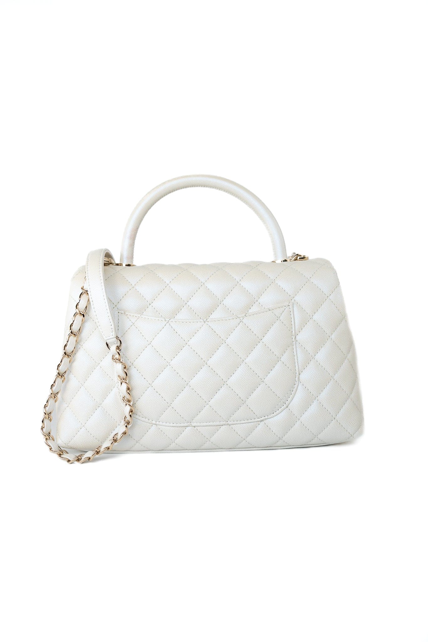 20K Iridescent White Caviar Quilted Coco Handle Medium Light Gold Hardware