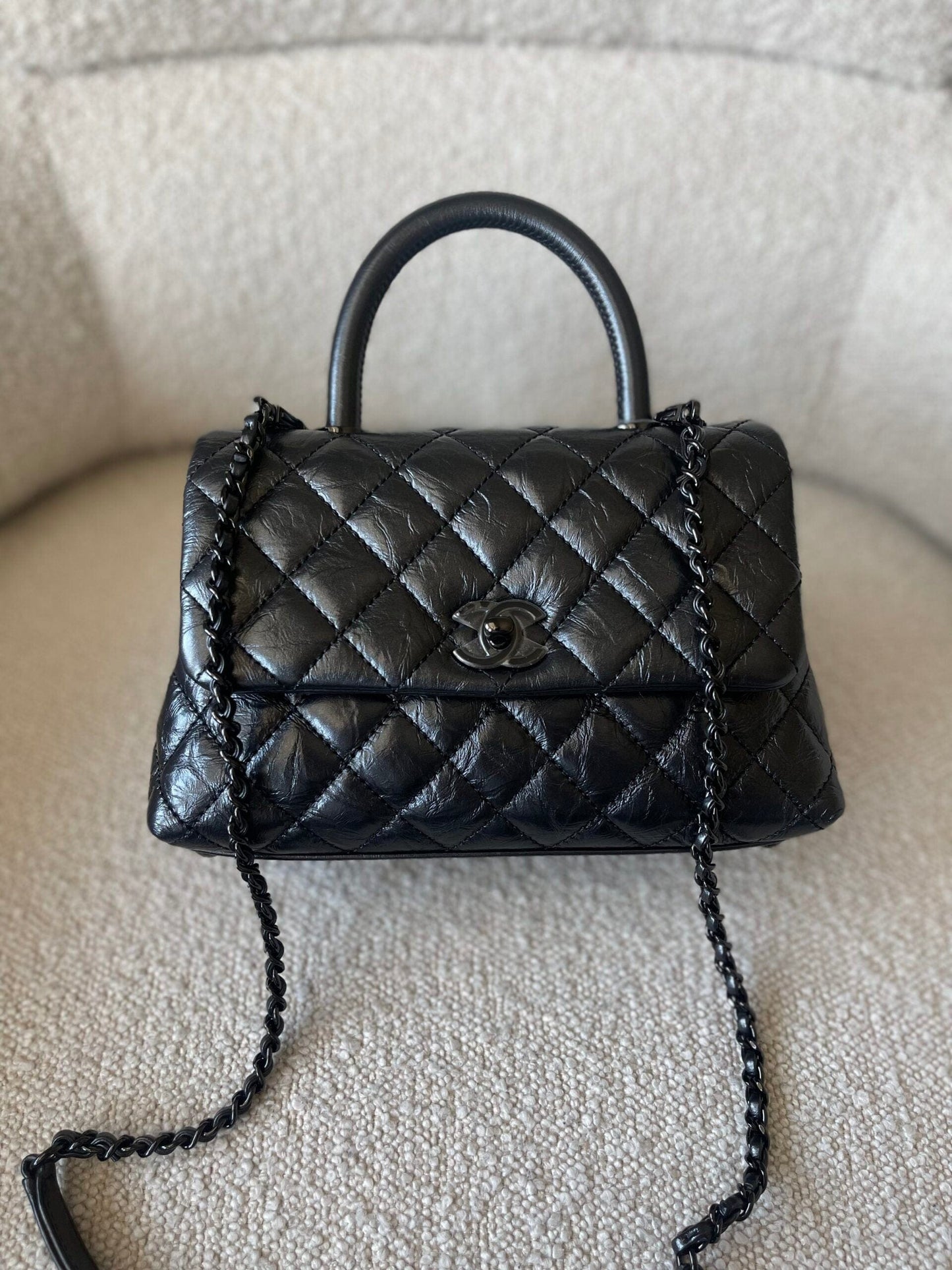 20P So Black Calfskin Quilted Coco Handle Small with Black Hardware
