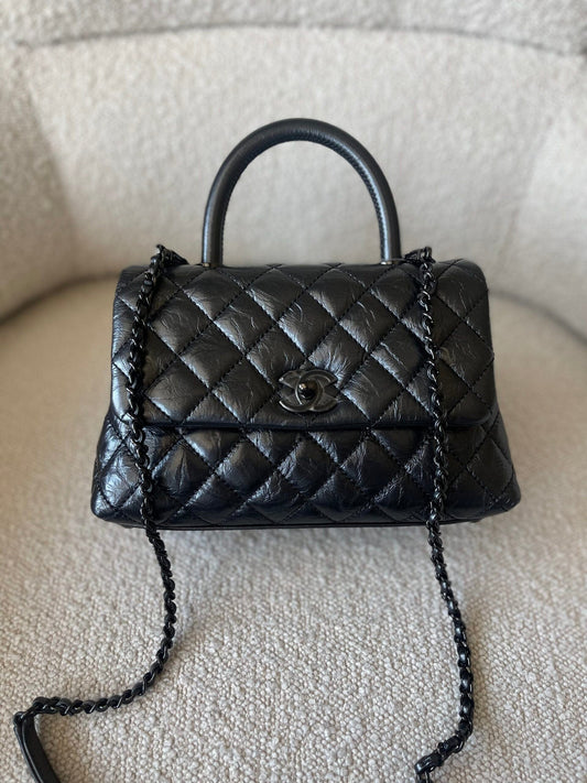 20P So Black Calfskin Quilted Coco Handle Small with Black Hardware