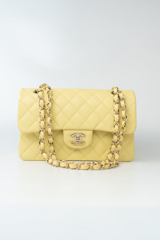 20S Yellow Caviar Quilted Classic Flap Small Light Gold Hardware