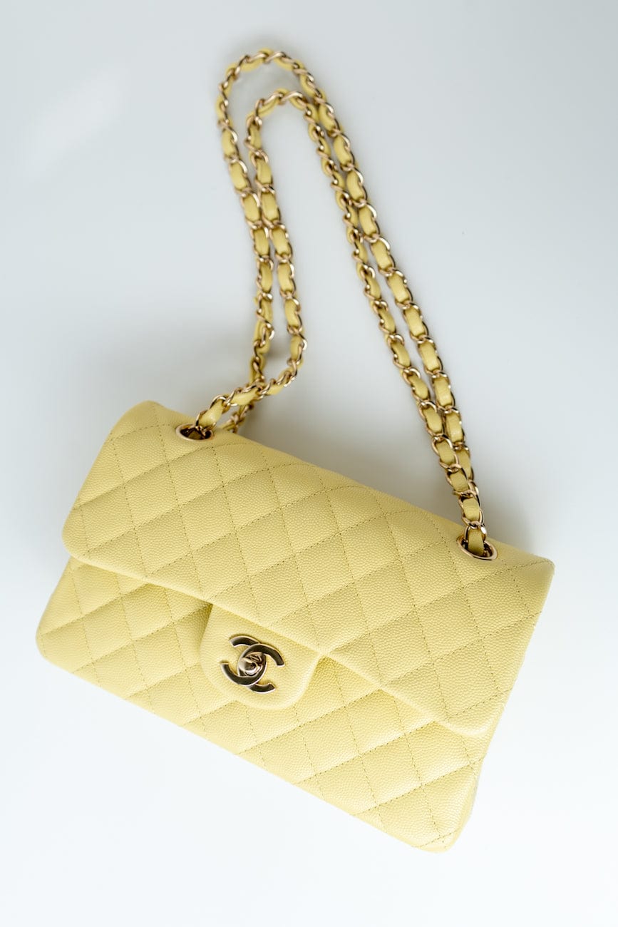 20S Yellow Caviar Quilted Classic Flap Small Light Gold Hardware