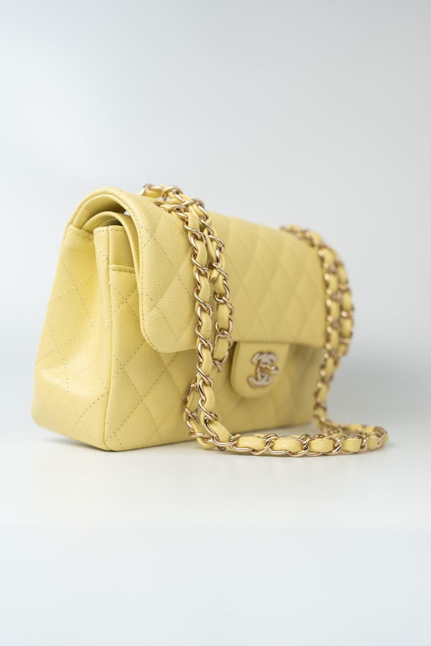20S Yellow Caviar Quilted Classic Flap Small Light Gold Hardware