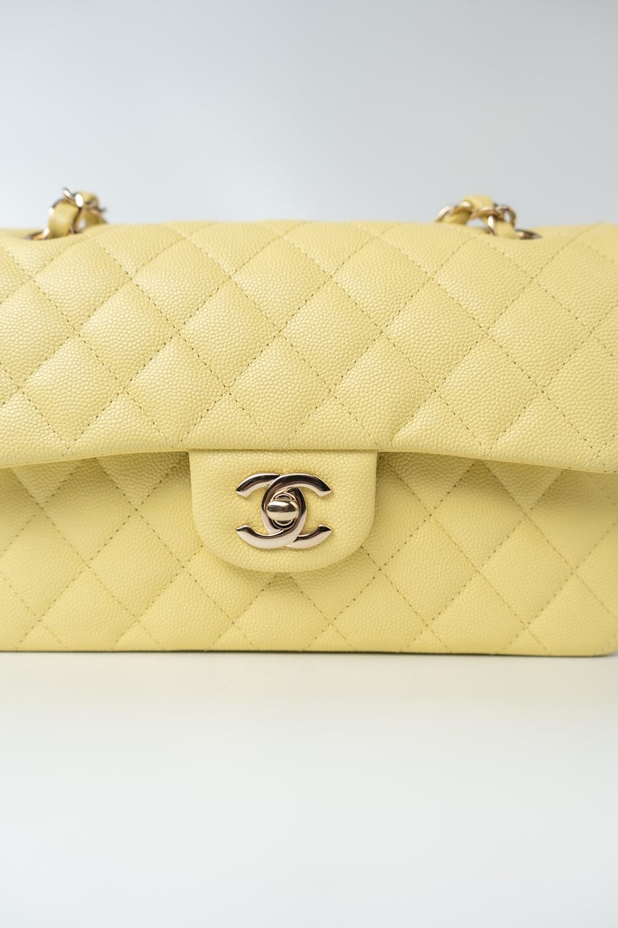 20S Yellow Caviar Quilted Classic Flap Small Light Gold Hardware