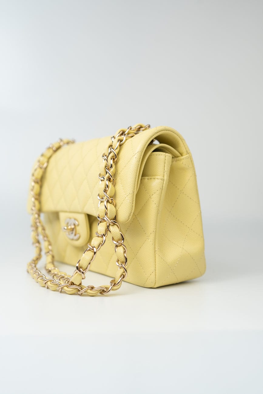 20S Yellow Caviar Quilted Classic Flap Small Light Gold Hardware