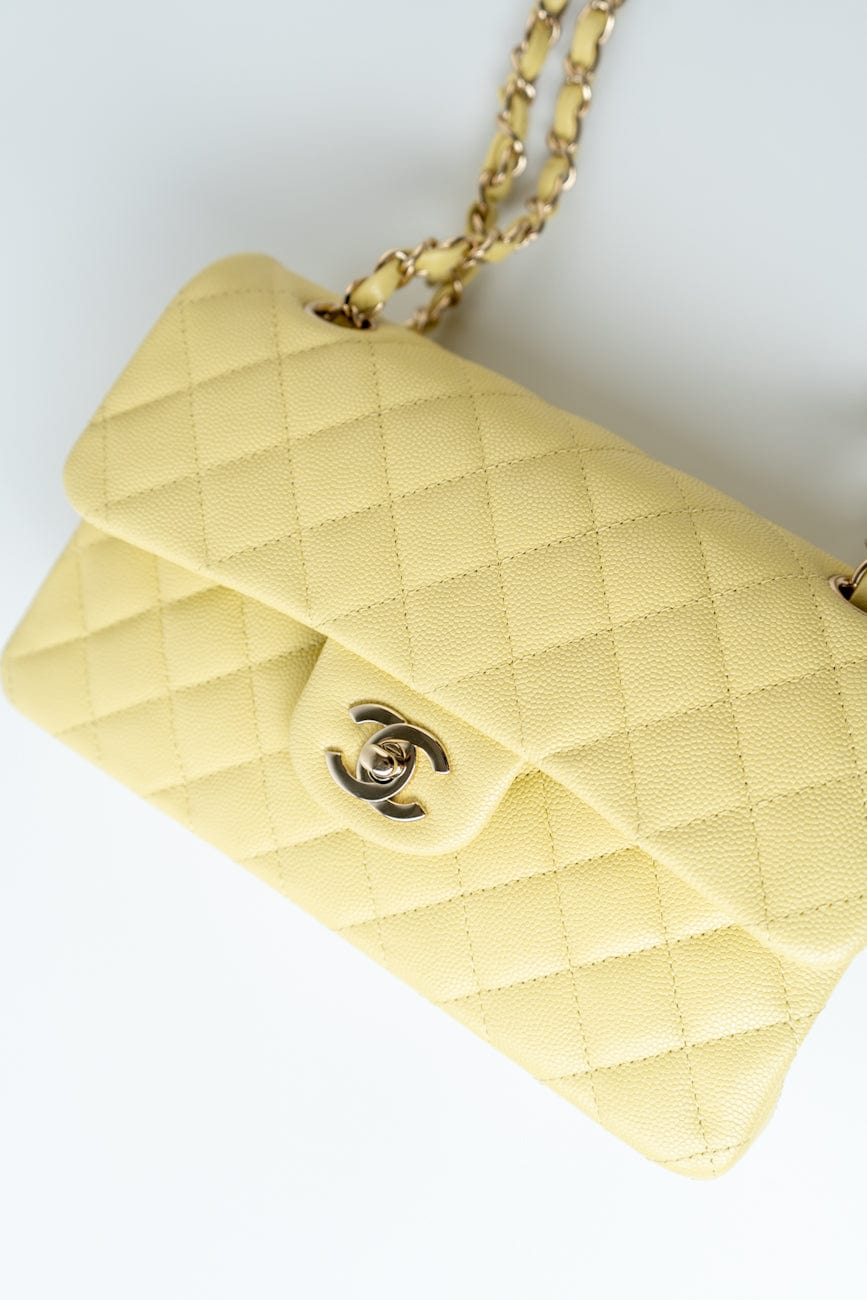20S Yellow Caviar Quilted Classic Flap Small Light Gold Hardware