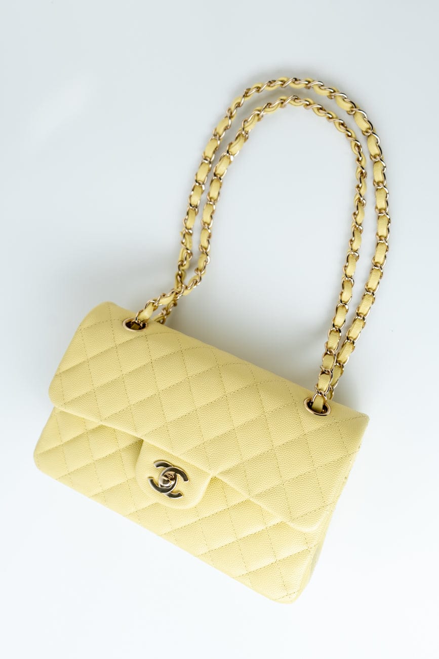 20S Yellow Caviar Quilted Classic Flap Small Light Gold Hardware
