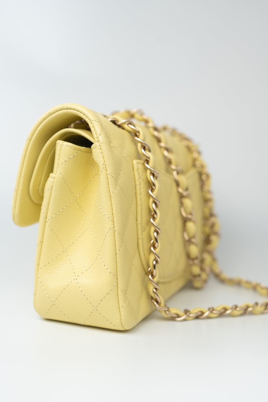 20S Yellow Caviar Quilted Classic Flap Small Light Gold Hardware