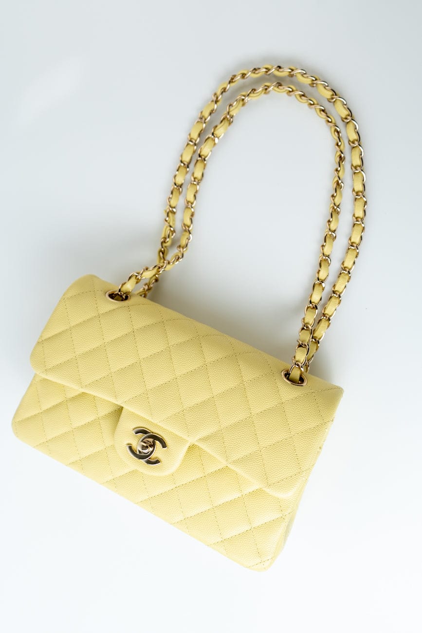 20S Yellow Caviar Quilted Classic Flap Small Light Gold Hardware