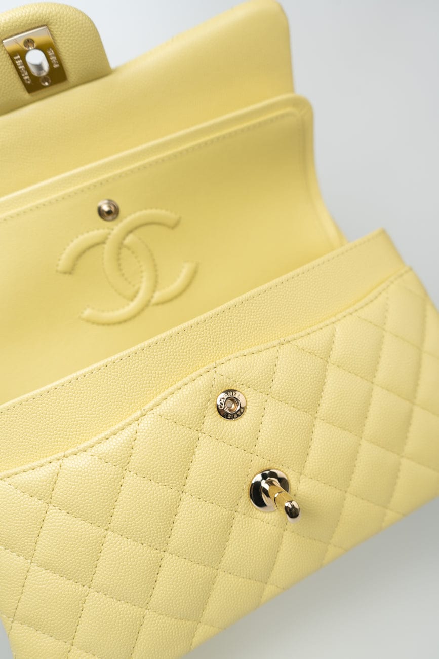 20S Yellow Caviar Quilted Classic Flap Small Light Gold Hardware