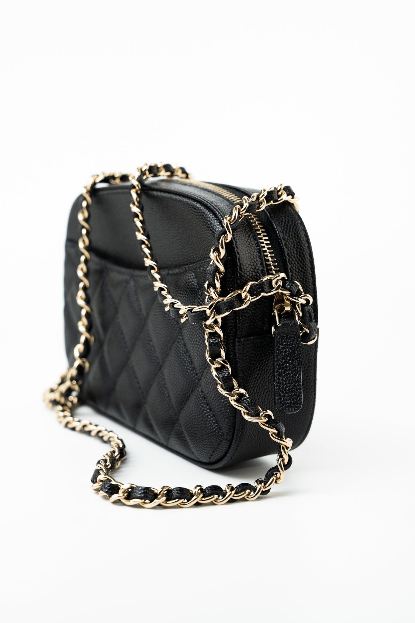 21A Black Caviar Quilted Camera Case Gold Hardware