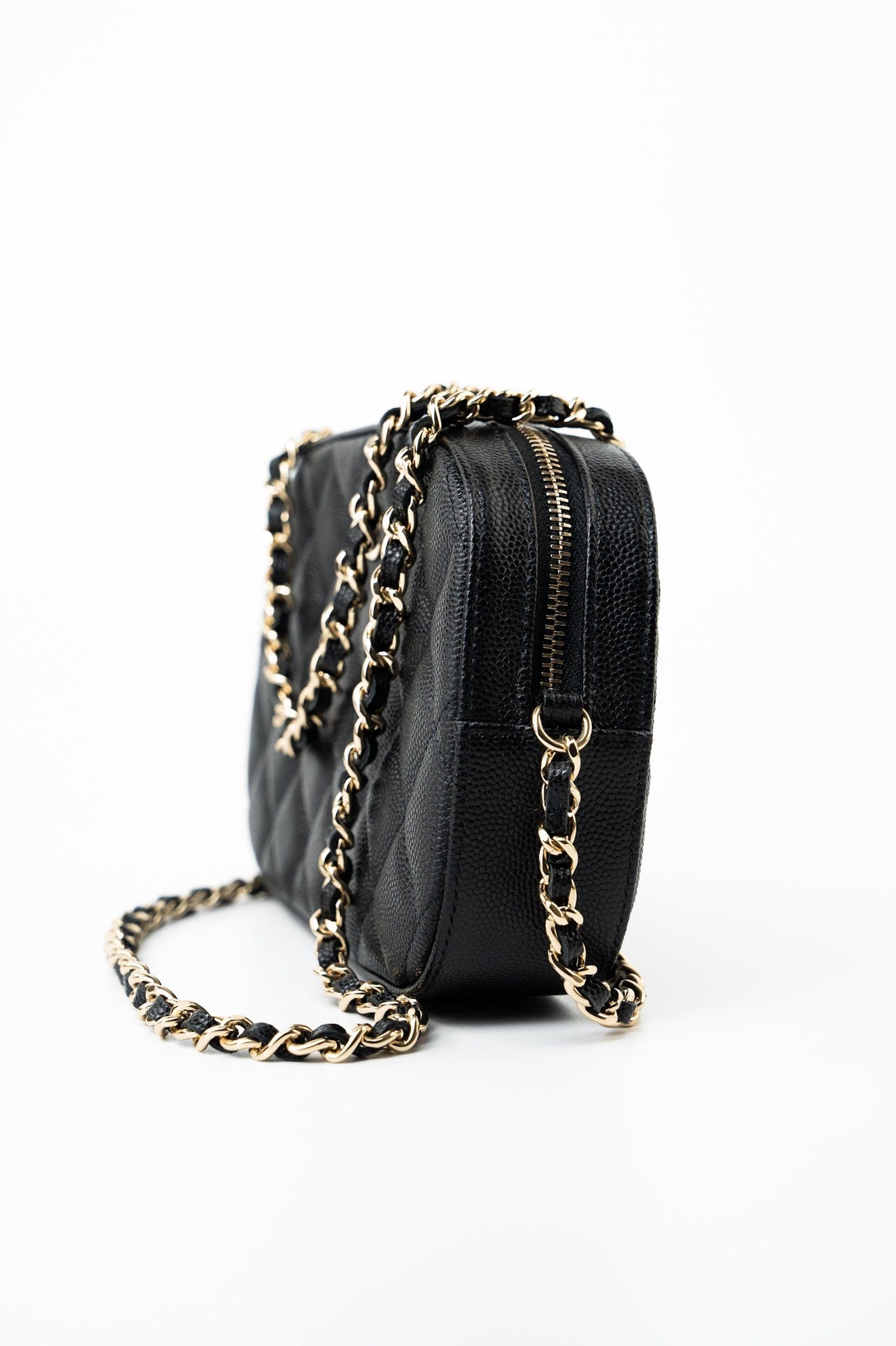 21A Black Caviar Quilted Camera Case Gold Hardware