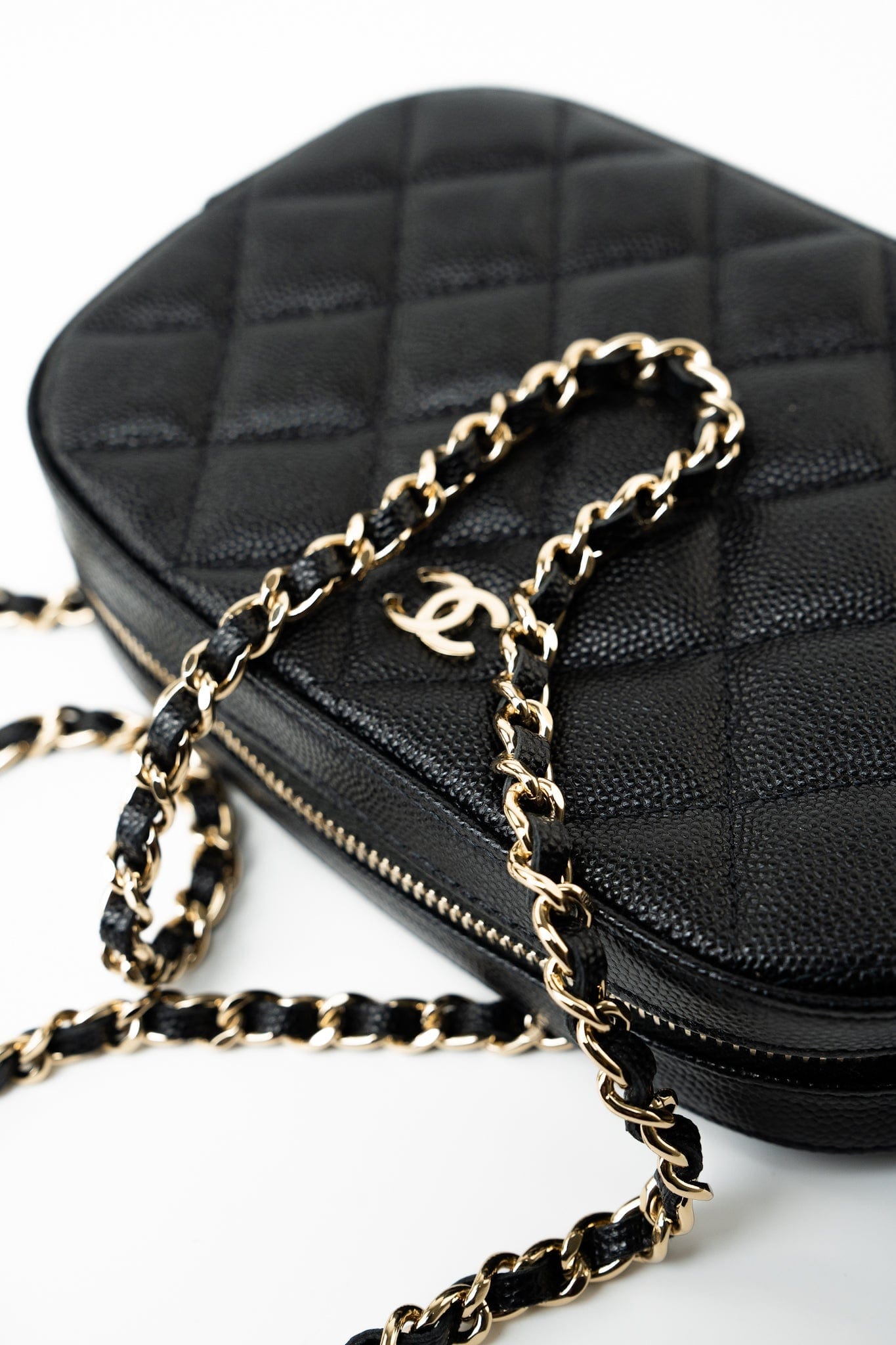 21A Black Caviar Quilted Camera Case Gold Hardware