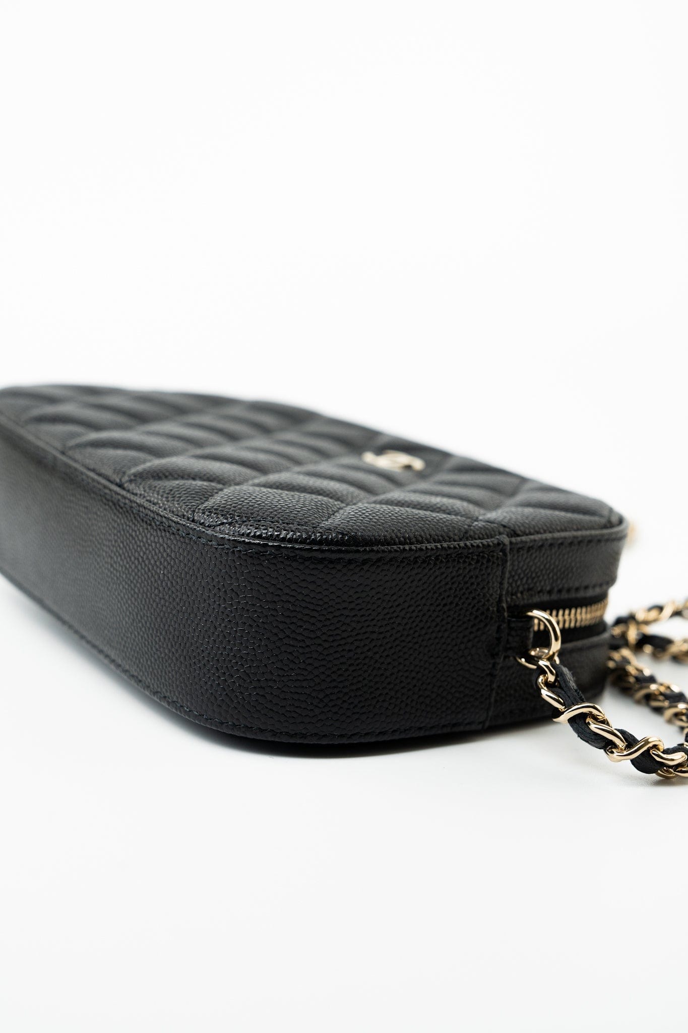 21A Black Caviar Quilted Camera Case Gold Hardware