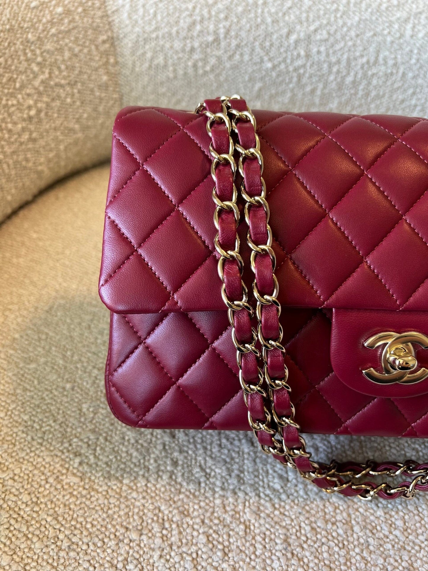 21A Burgundy Lambskin Quilted Classic Flap Medium LGHW