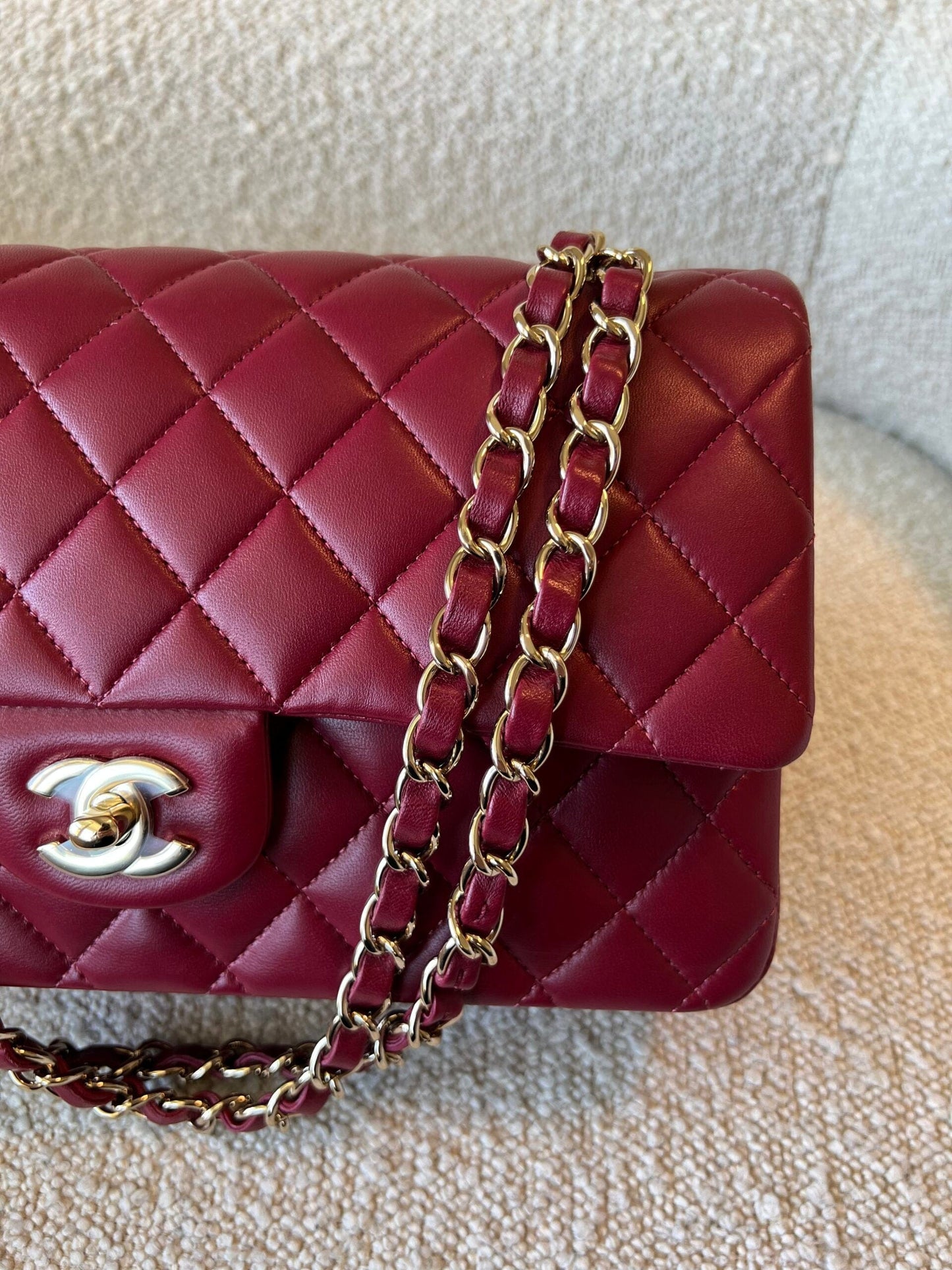 21A Burgundy Lambskin Quilted Classic Flap Medium LGHW