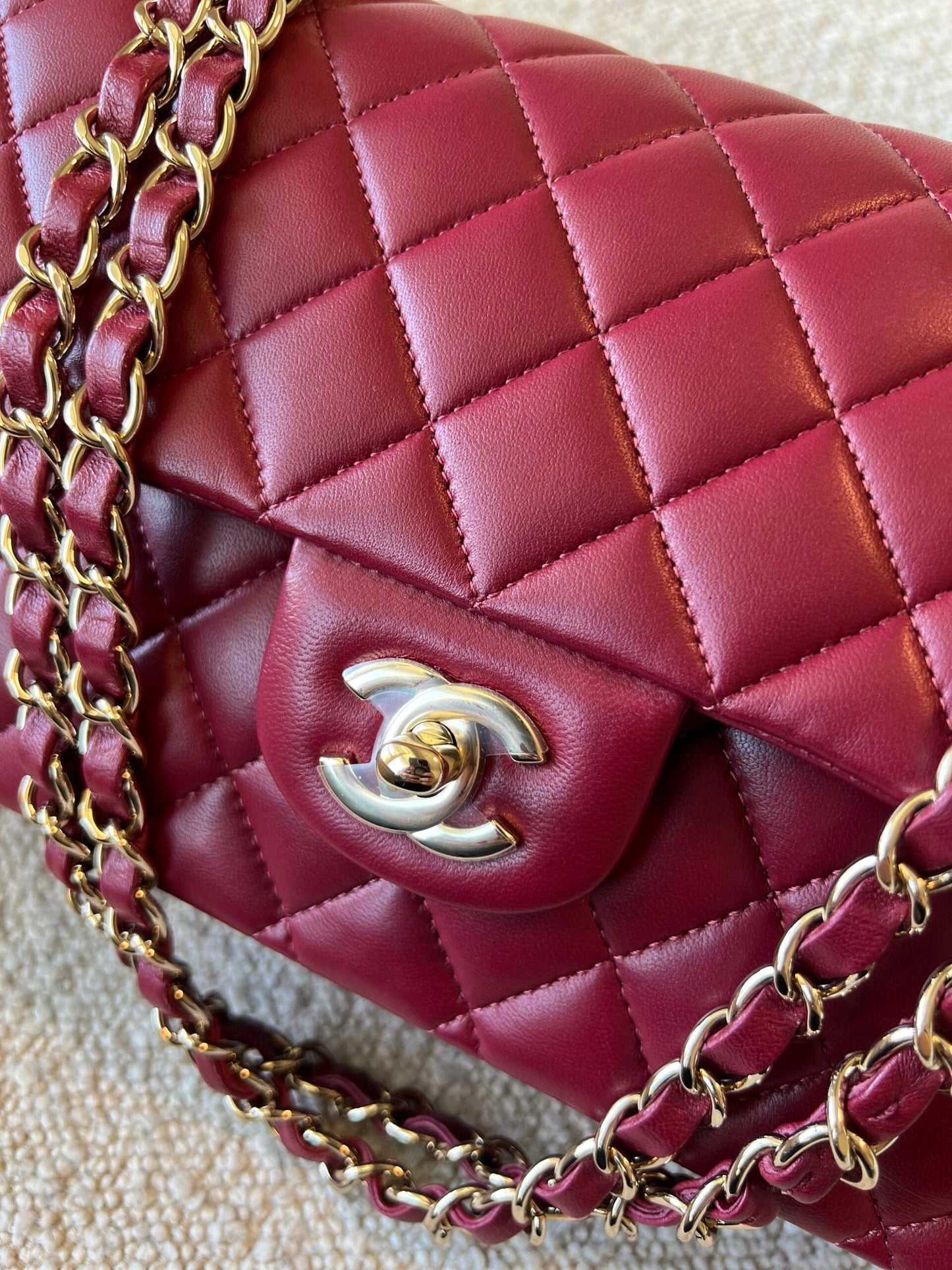 21A Burgundy Lambskin Quilted Classic Flap Medium LGHW