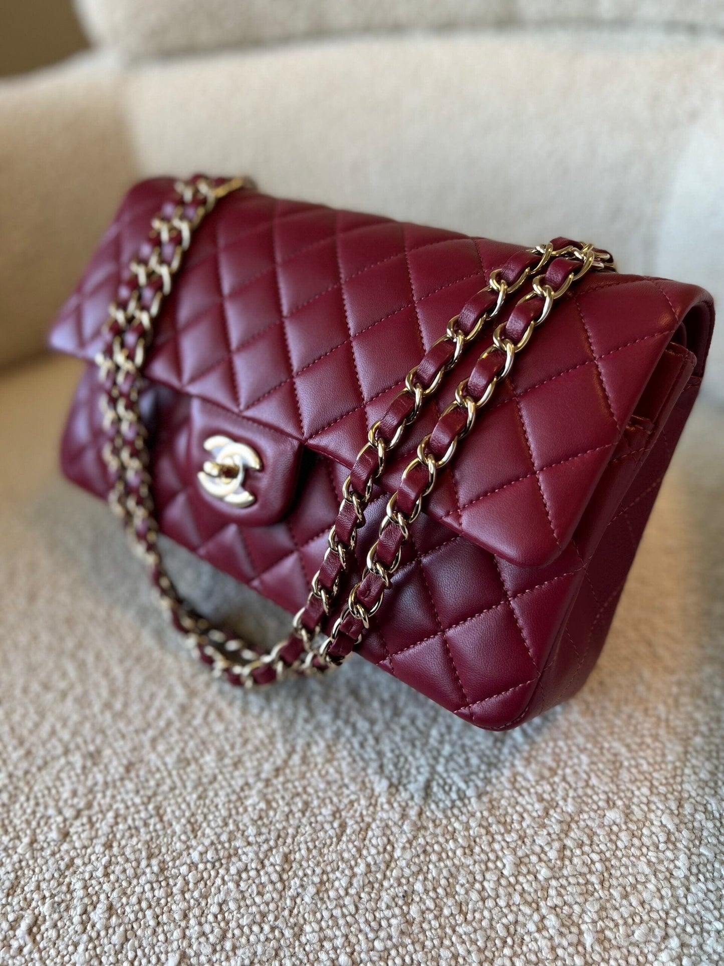21A Burgundy Lambskin Quilted Classic Flap Medium LGHW