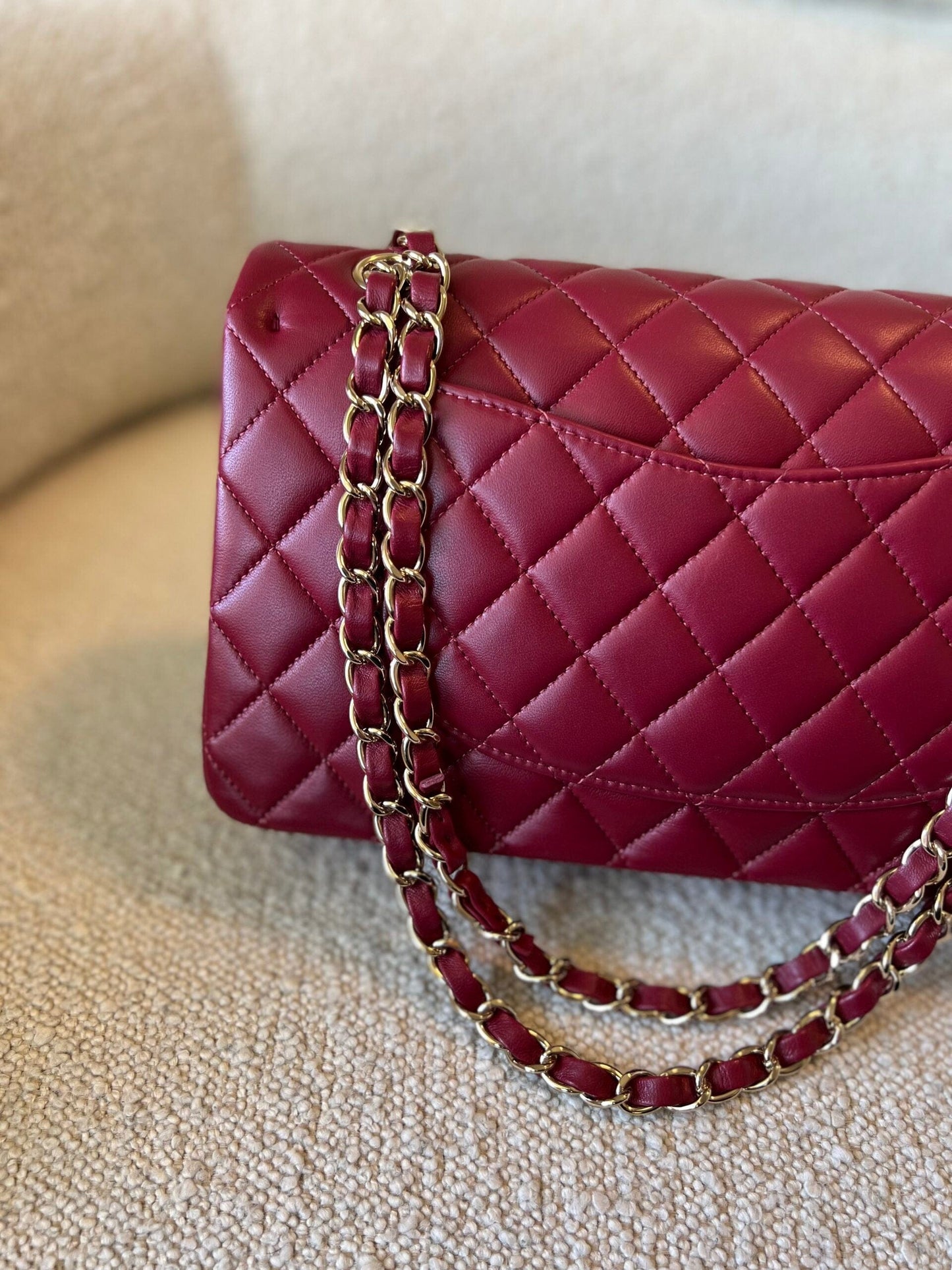 21A Burgundy Lambskin Quilted Classic Flap Medium LGHW