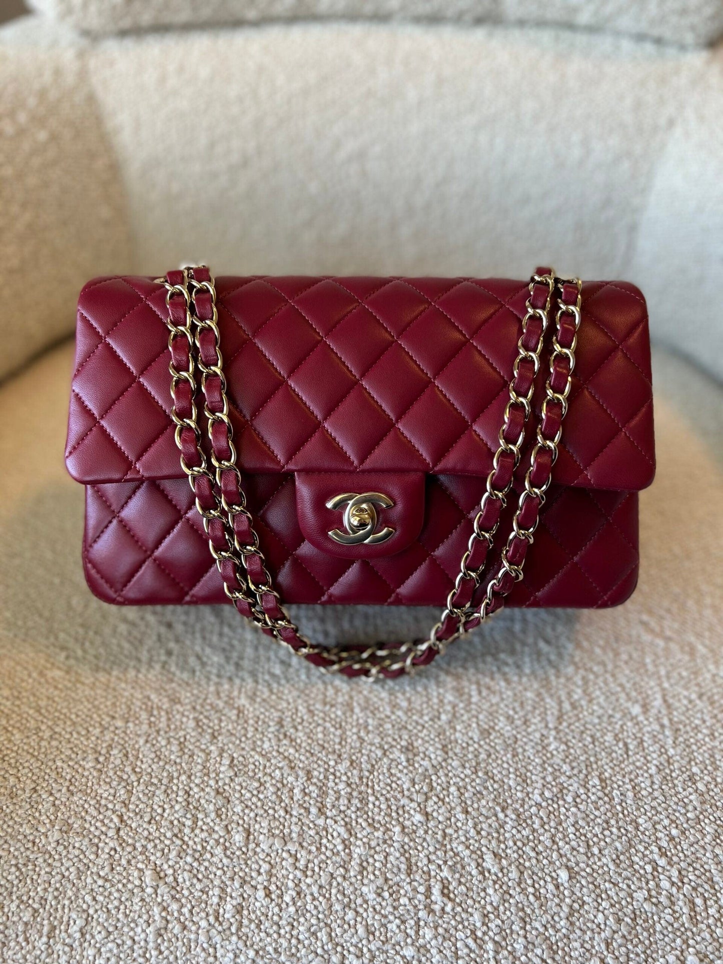 21A Burgundy Lambskin Quilted Classic Flap Medium LGHW