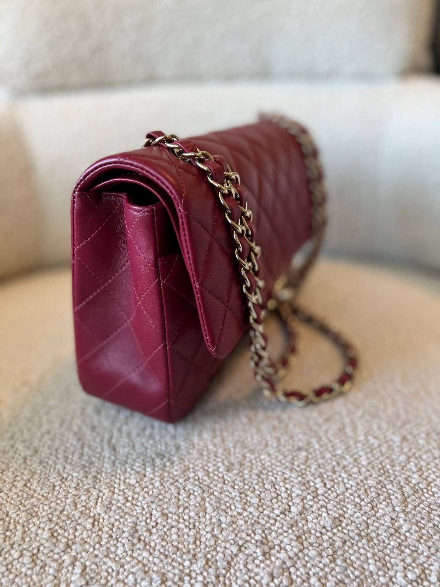 21A Burgundy Lambskin Quilted Classic Flap Medium LGHW