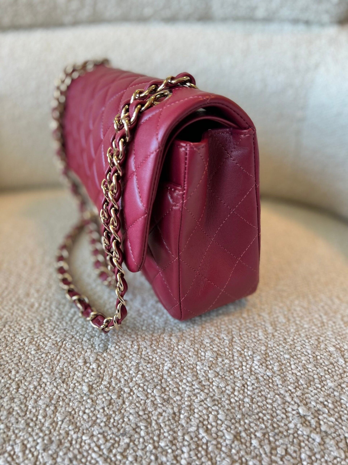 21A Burgundy Lambskin Quilted Classic Flap Medium LGHW