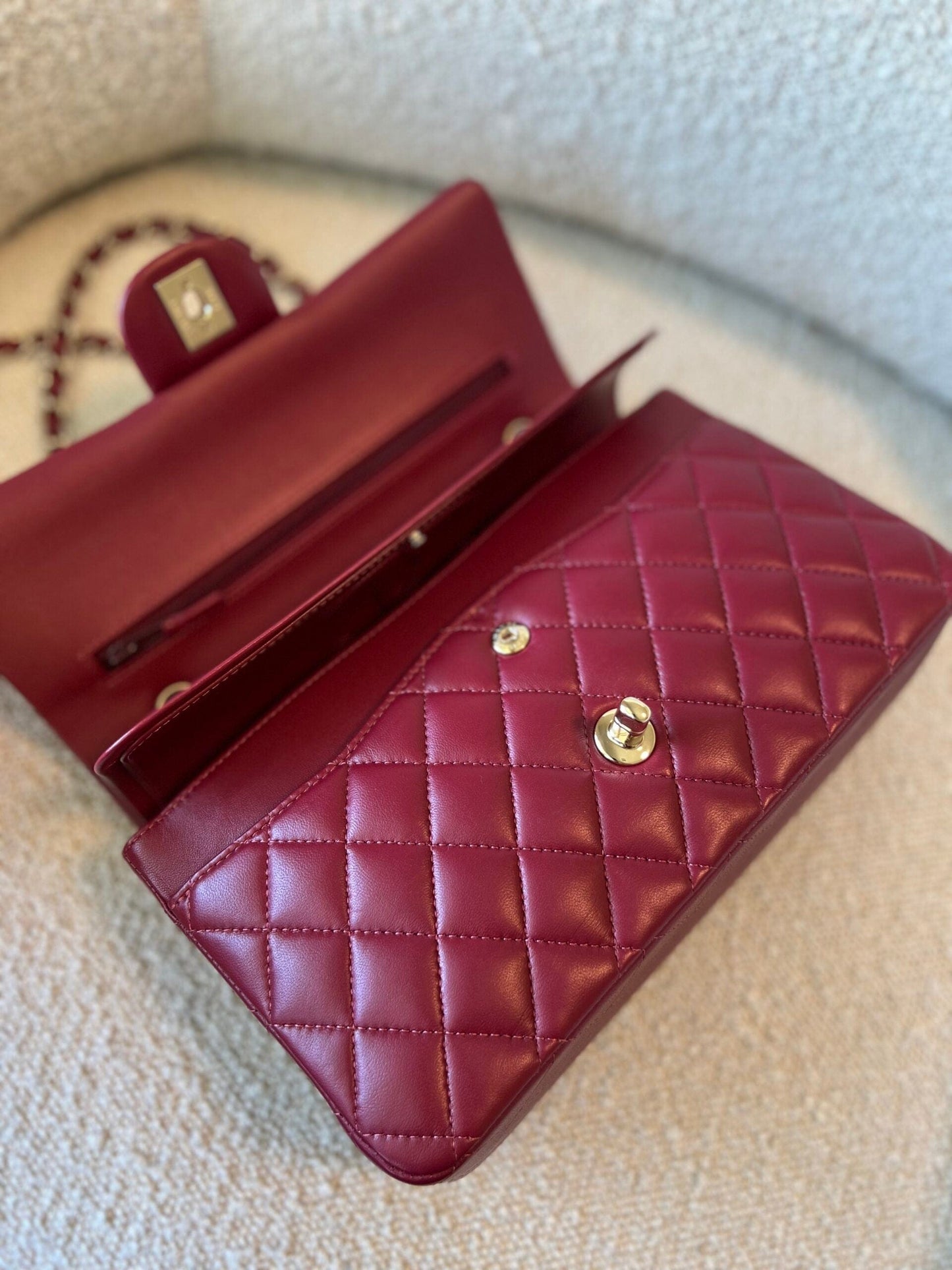 21A Burgundy Lambskin Quilted Classic Flap Medium LGHW
