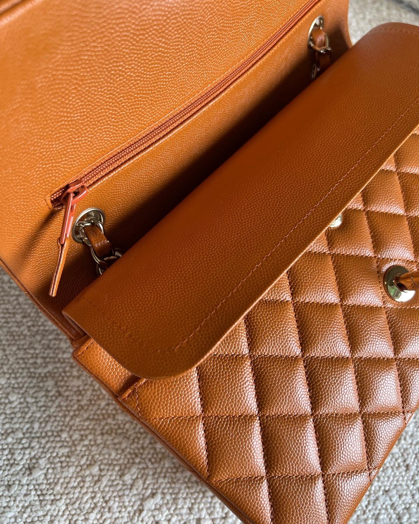 21A Caramel / Light Brown Caviar Quilted Classic Flap Medium LGHW