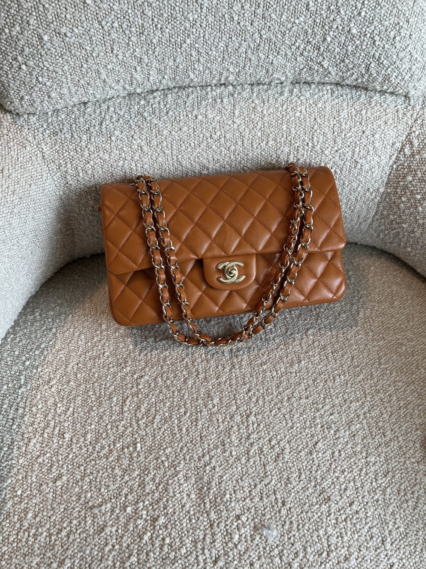 21A Caramel / Light Brown Caviar Quilted Classic Flap Medium LGHW