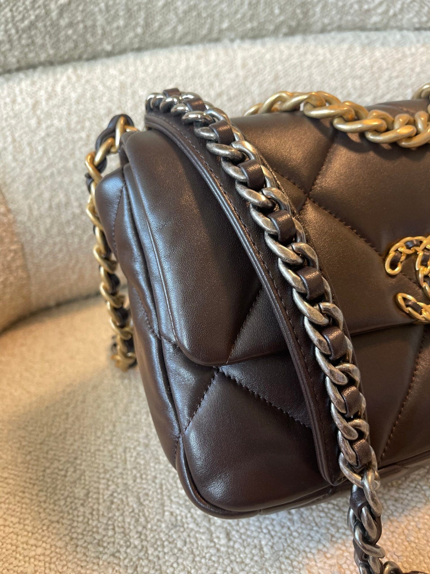 21A Dark Brown Lambskin Quilted 19 Flap Small MHW