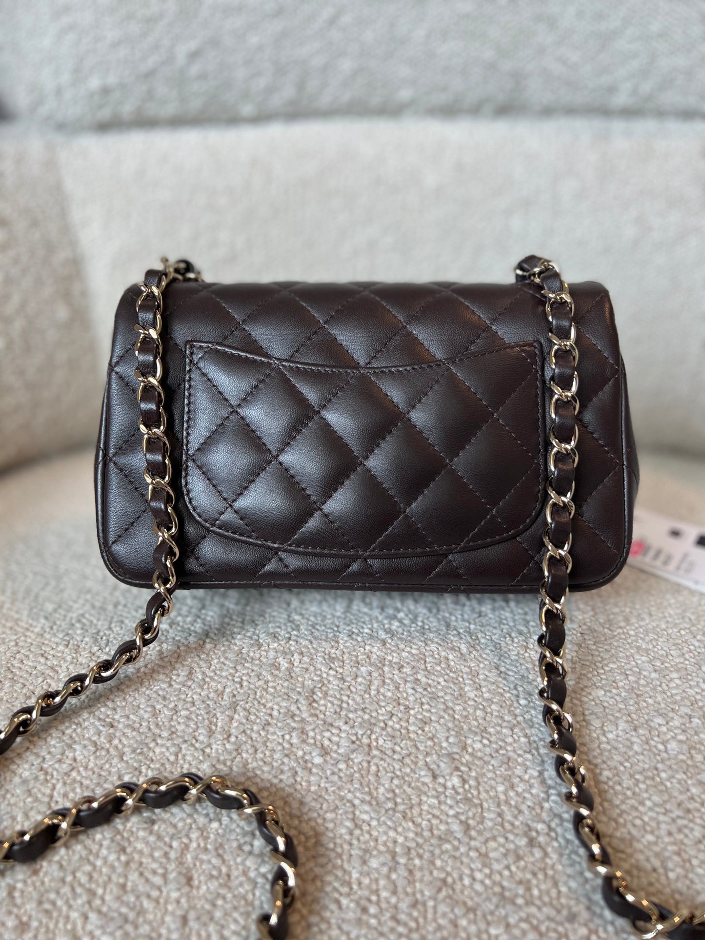 21A Dark Brown Lambskin Quilted Mini Rectangular Single Flap Light Gold Hardware