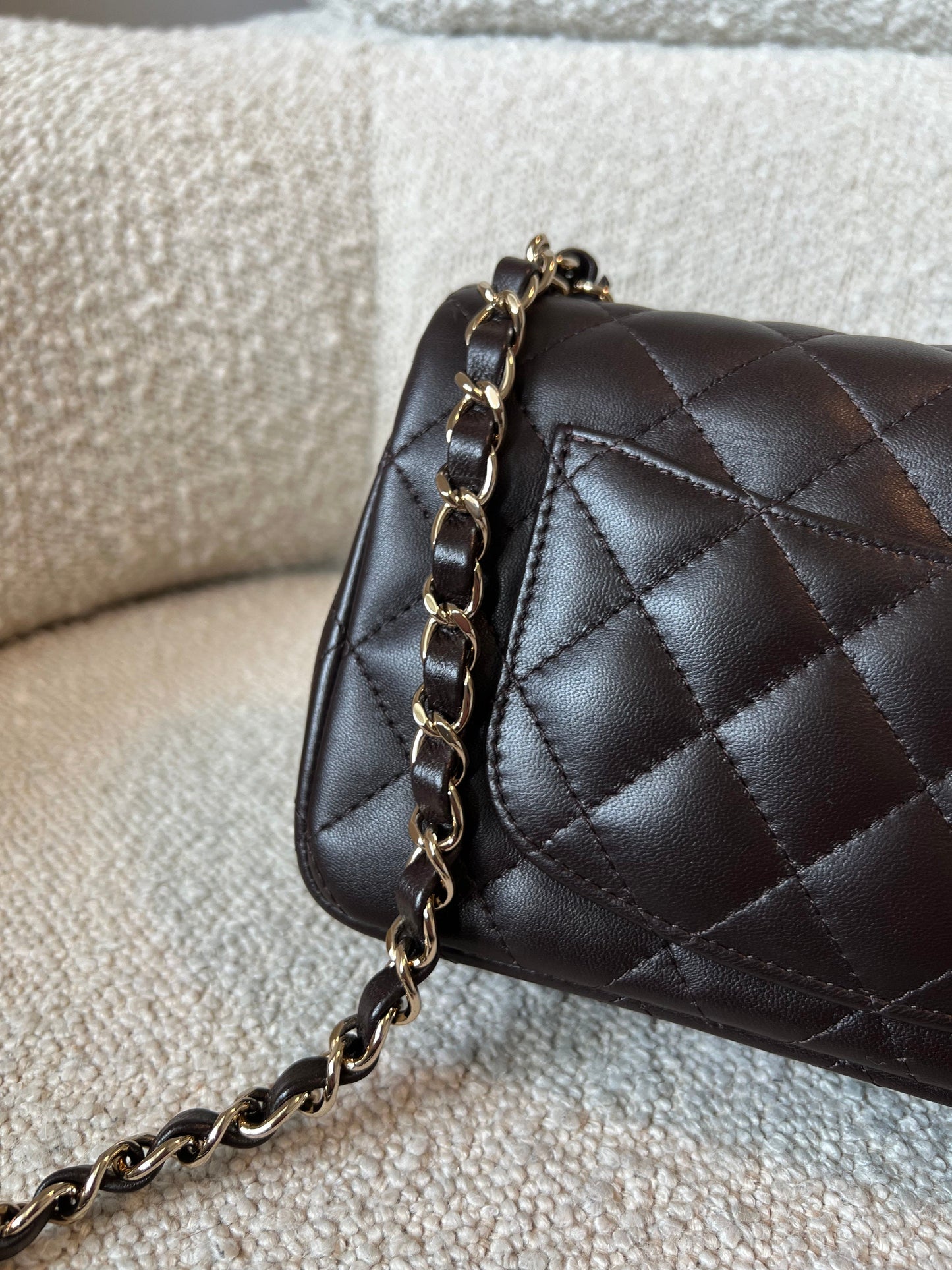 21A Dark Brown Lambskin Quilted Mini Rectangular Single Flap Light Gold Hardware