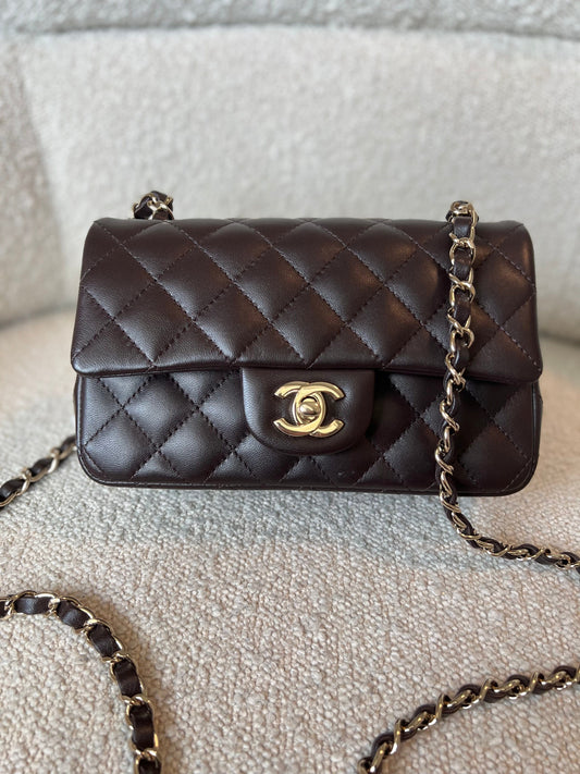 21A Dark Brown Lambskin Quilted Mini Rectangular Single Flap Light Gold Hardware