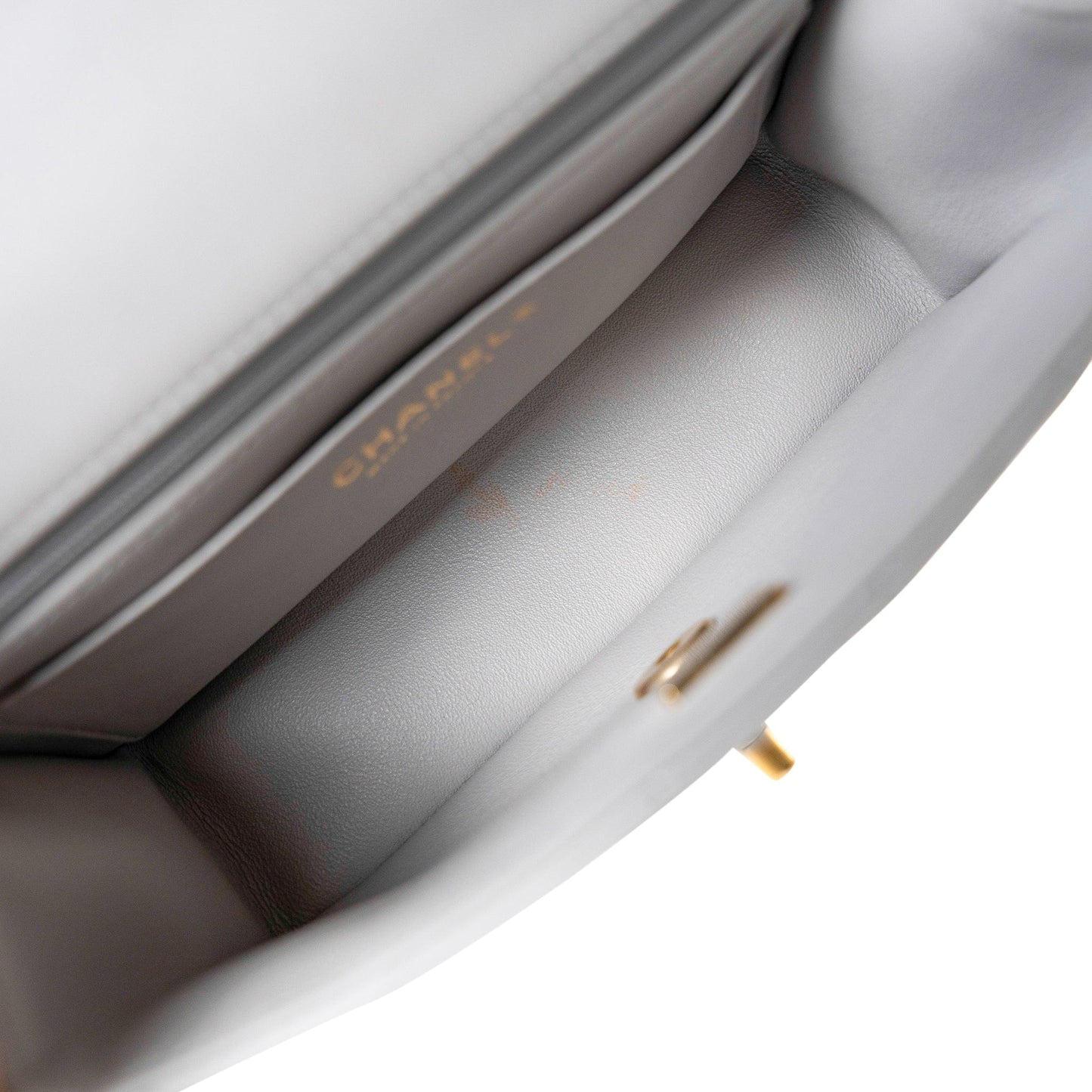 21A Grey Lambskin Quilted Mini Top Handle Antique Gold Hardware