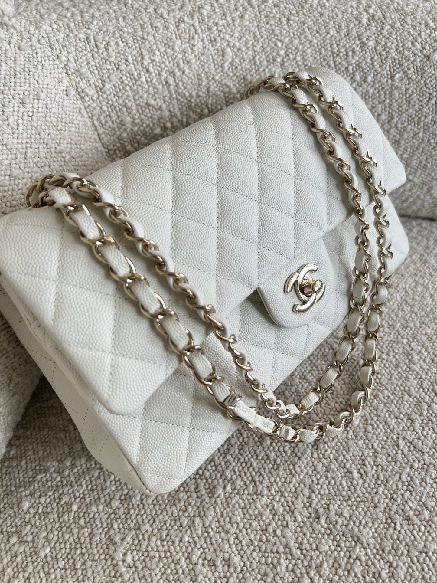 21A White Caviar Quilted Classic Flap Medium LGHW